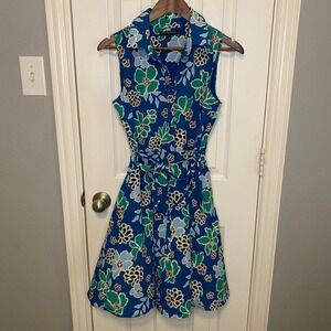 Banana Republic Shirt Dress Petite 6 Blue Floral Sleeveless Fit Flare Belted